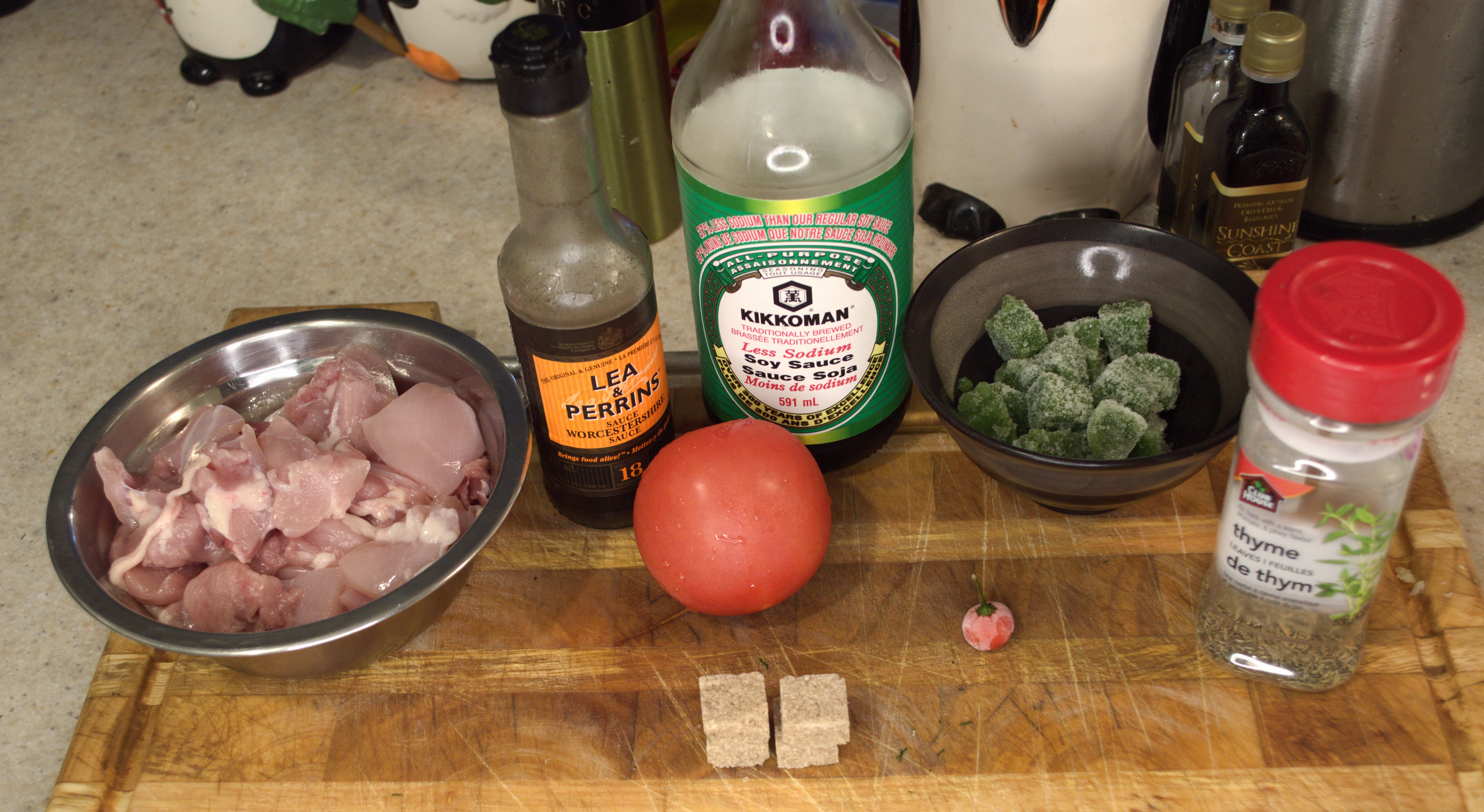 The ingredients for this dish are laid out on a cutting board