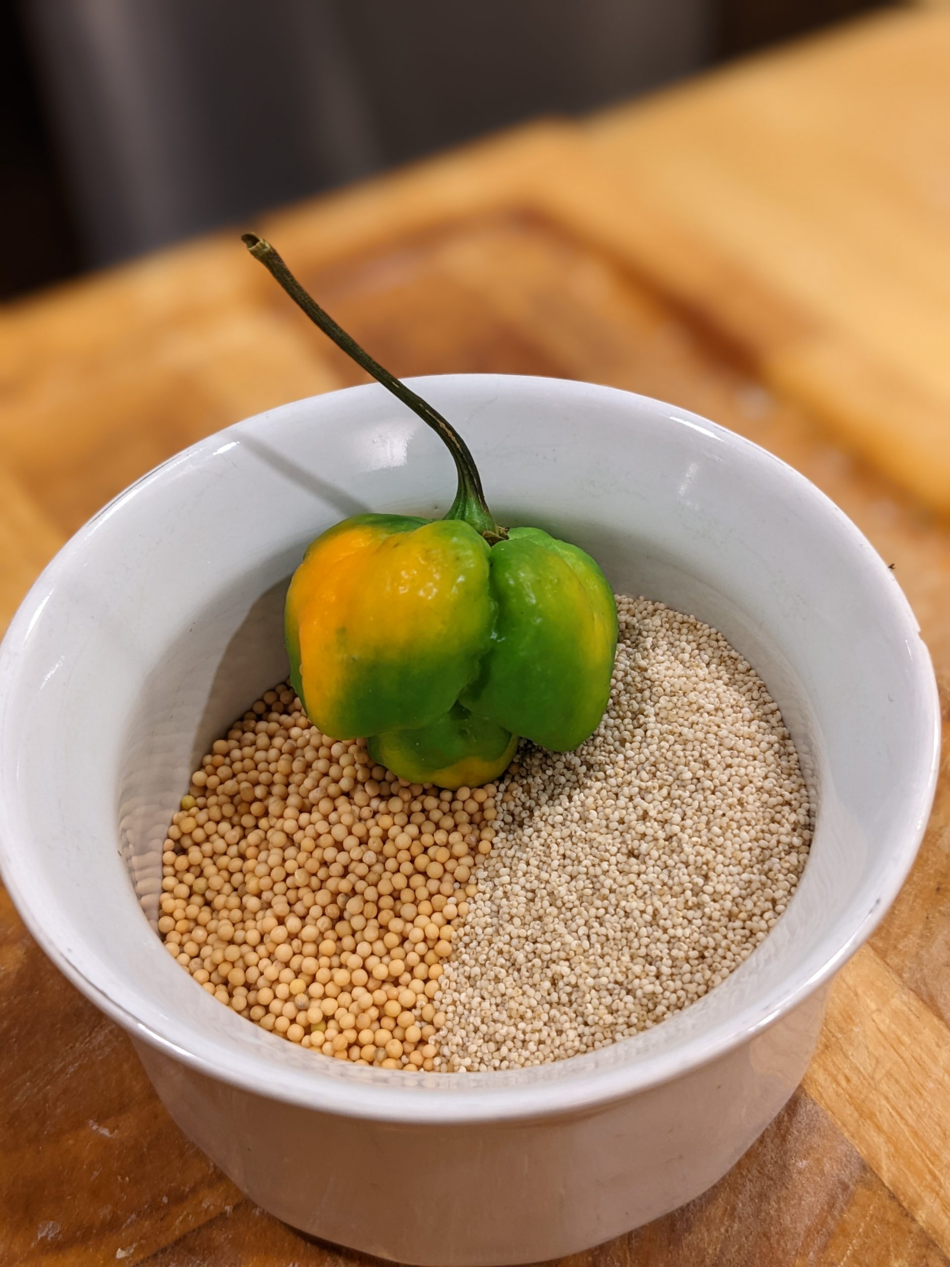 Mustard seeds, poppy seeds and a scorpion pepper in a small white ramekin. 