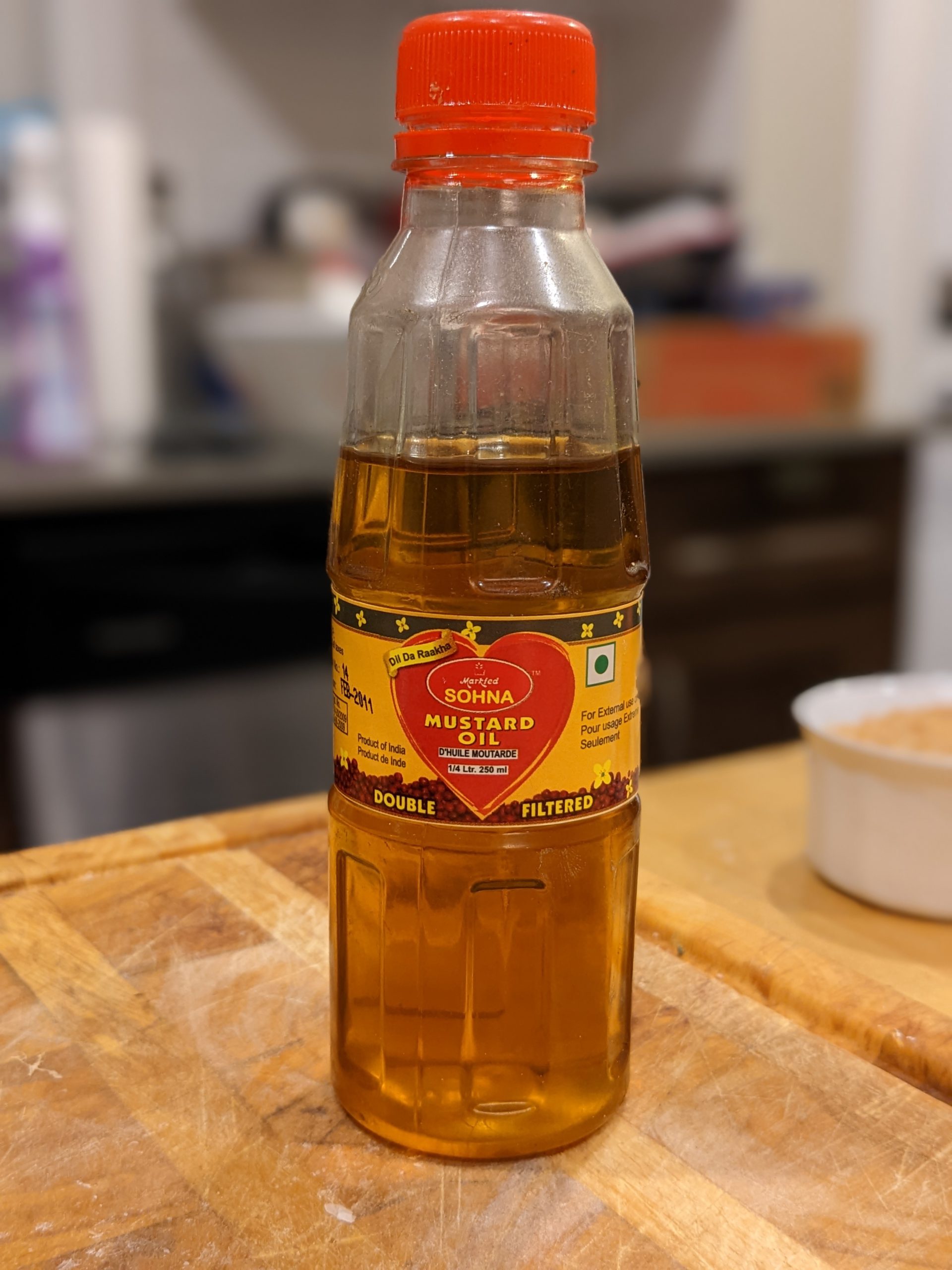 A bottle of mustard oil